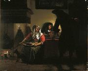 Pieter de Hooch Interior with Two Gentleman and a Woman Beside a Fire oil painting reproduction